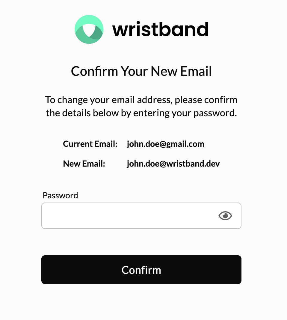 Confirm New Email Screen Password