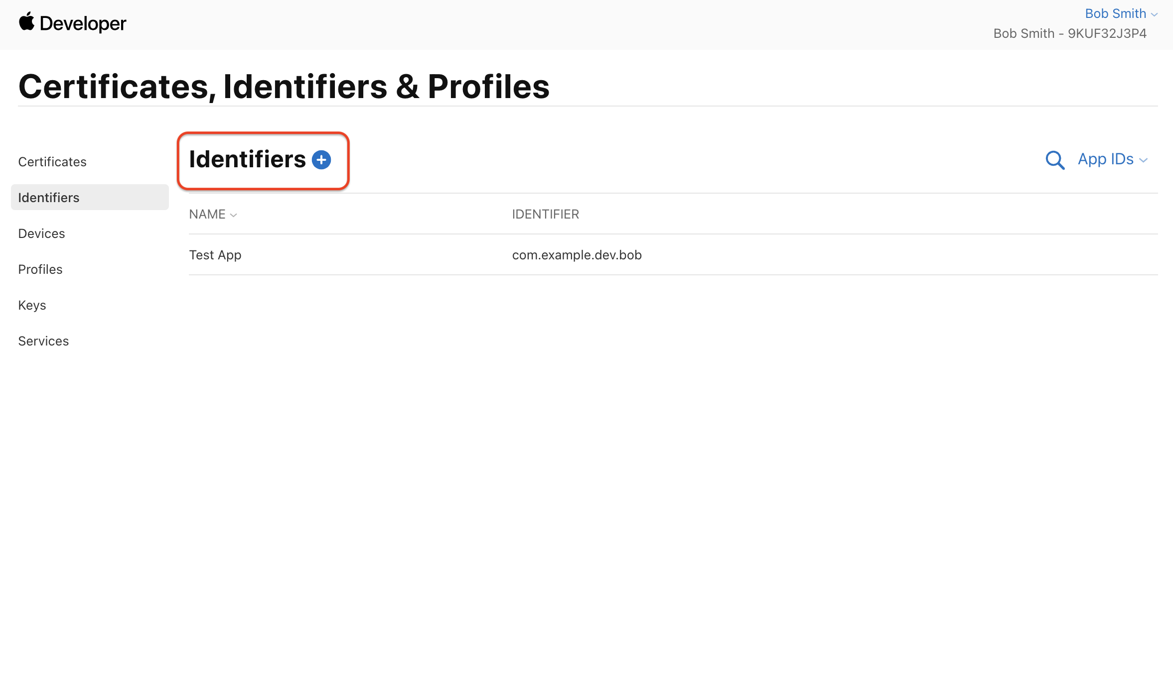 Add Identifier button in Apple Developer Console