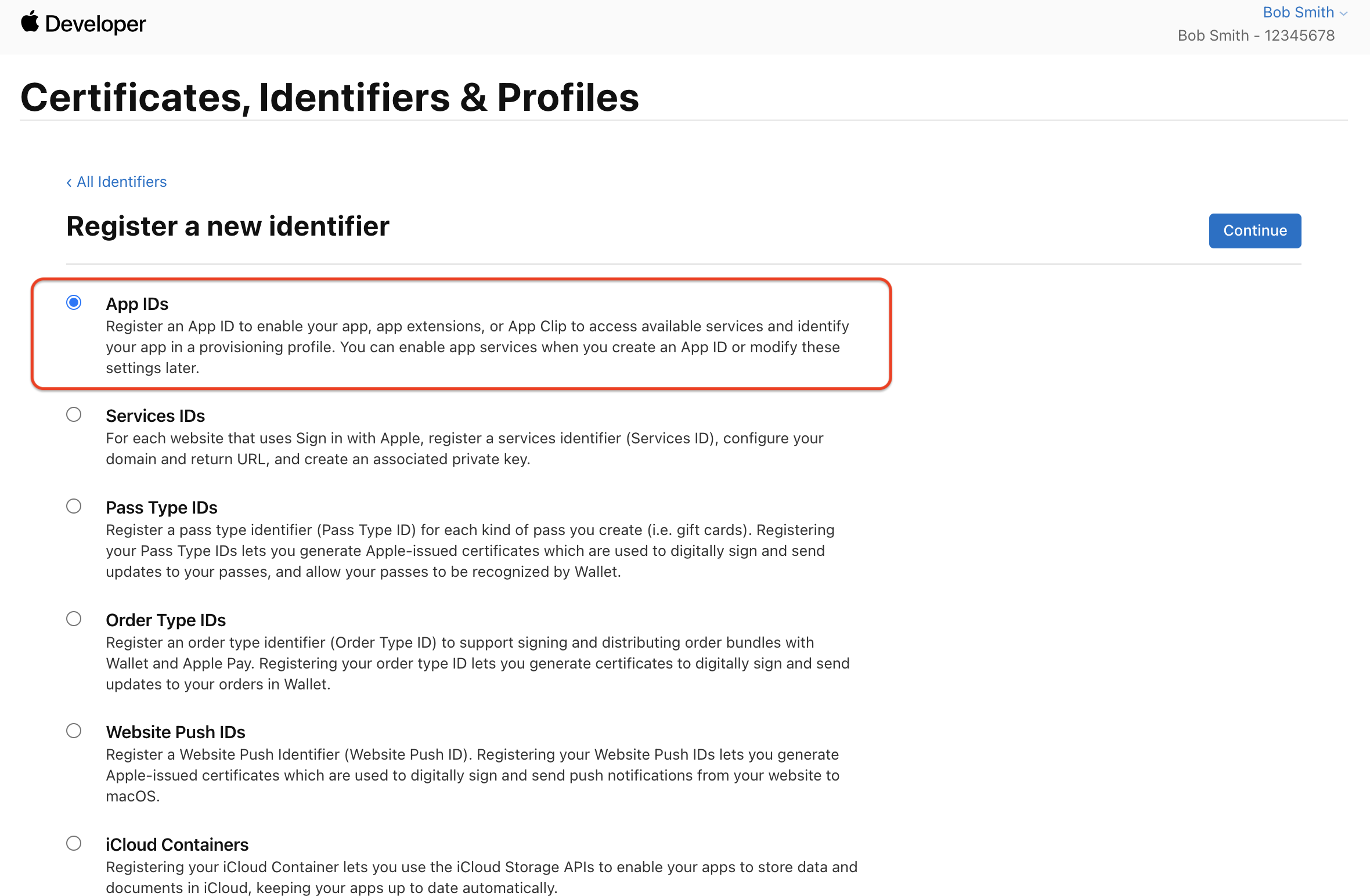 Select App ID option in Apple Developer Console