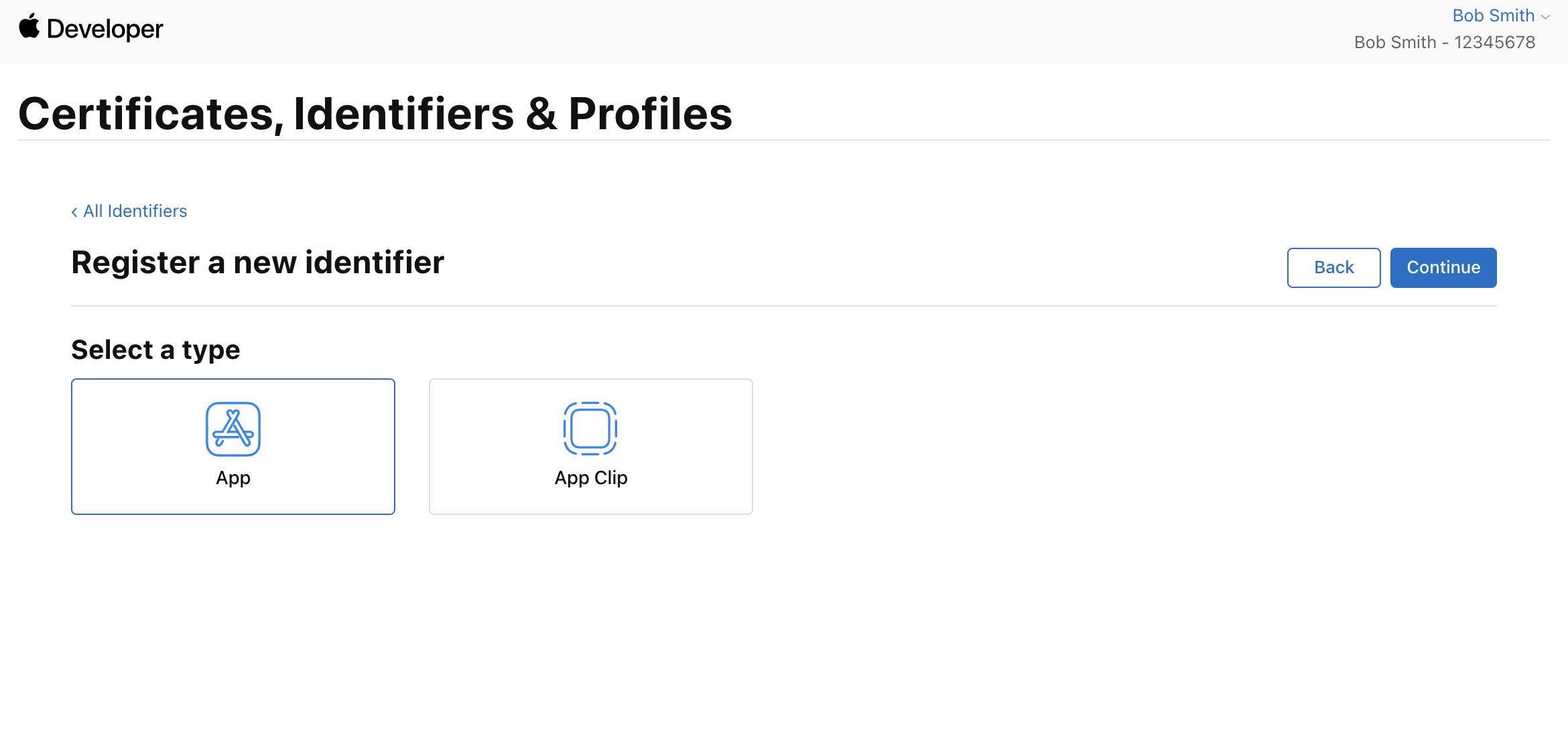 Select App type in Apple Developer Console