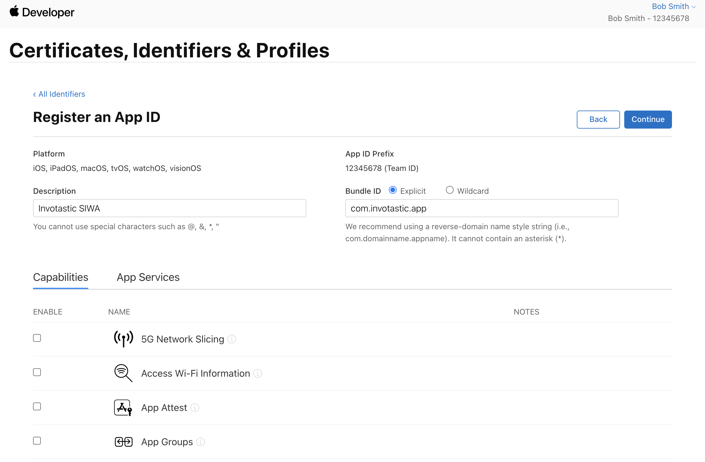 App ID form in Apple Developer Console