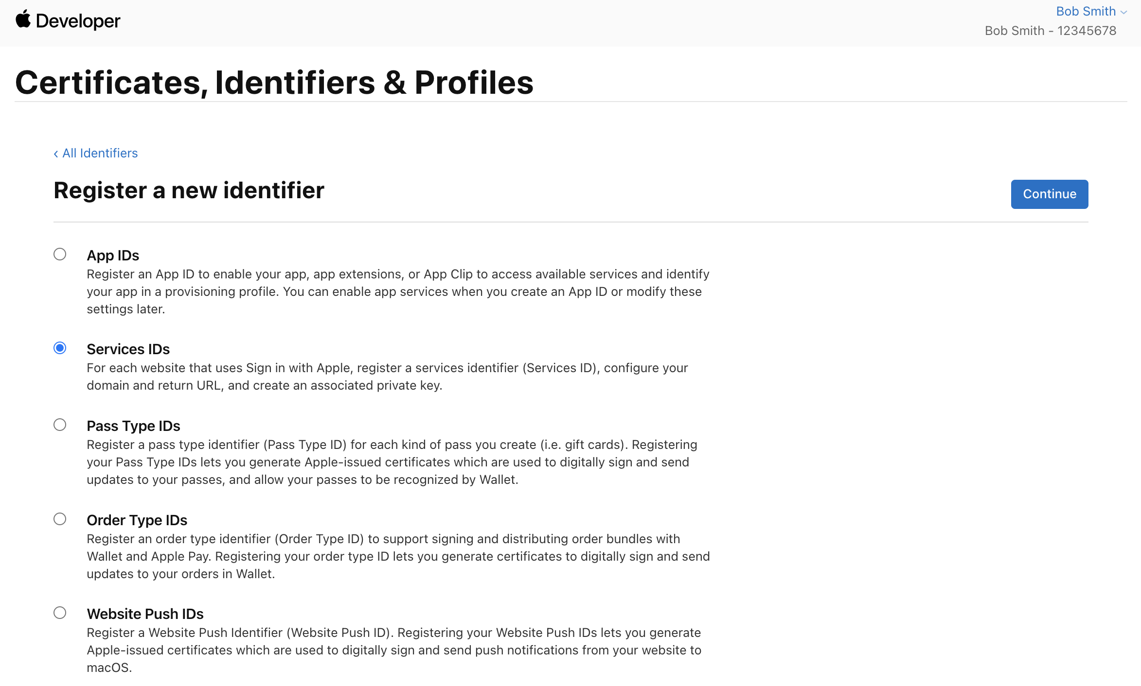 Add Service Identifier button in Apple Developer Console