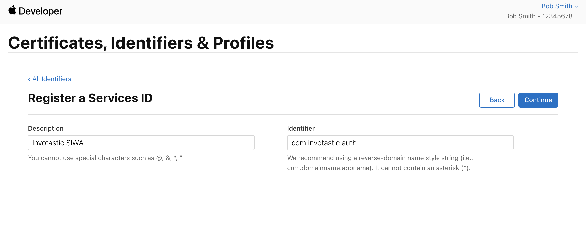 Service Identifier form in Apple Developer Console