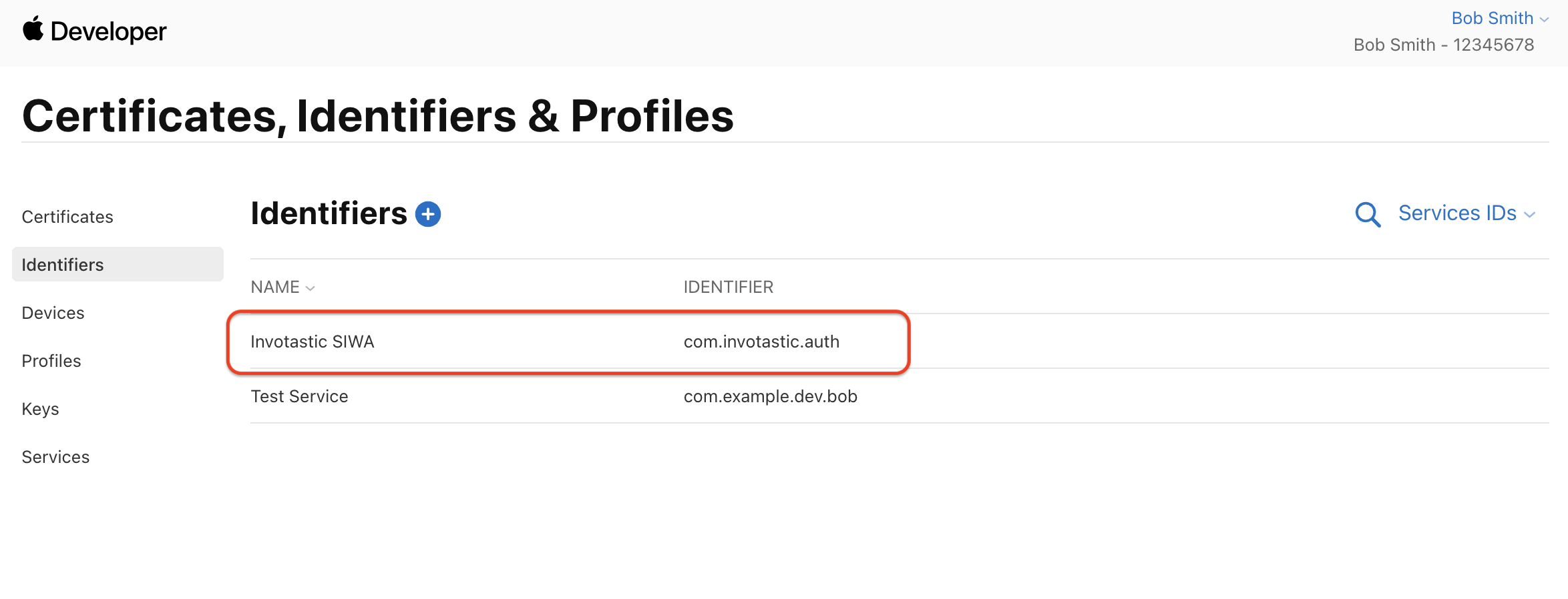 Service Identifier list in Apple Developer Console