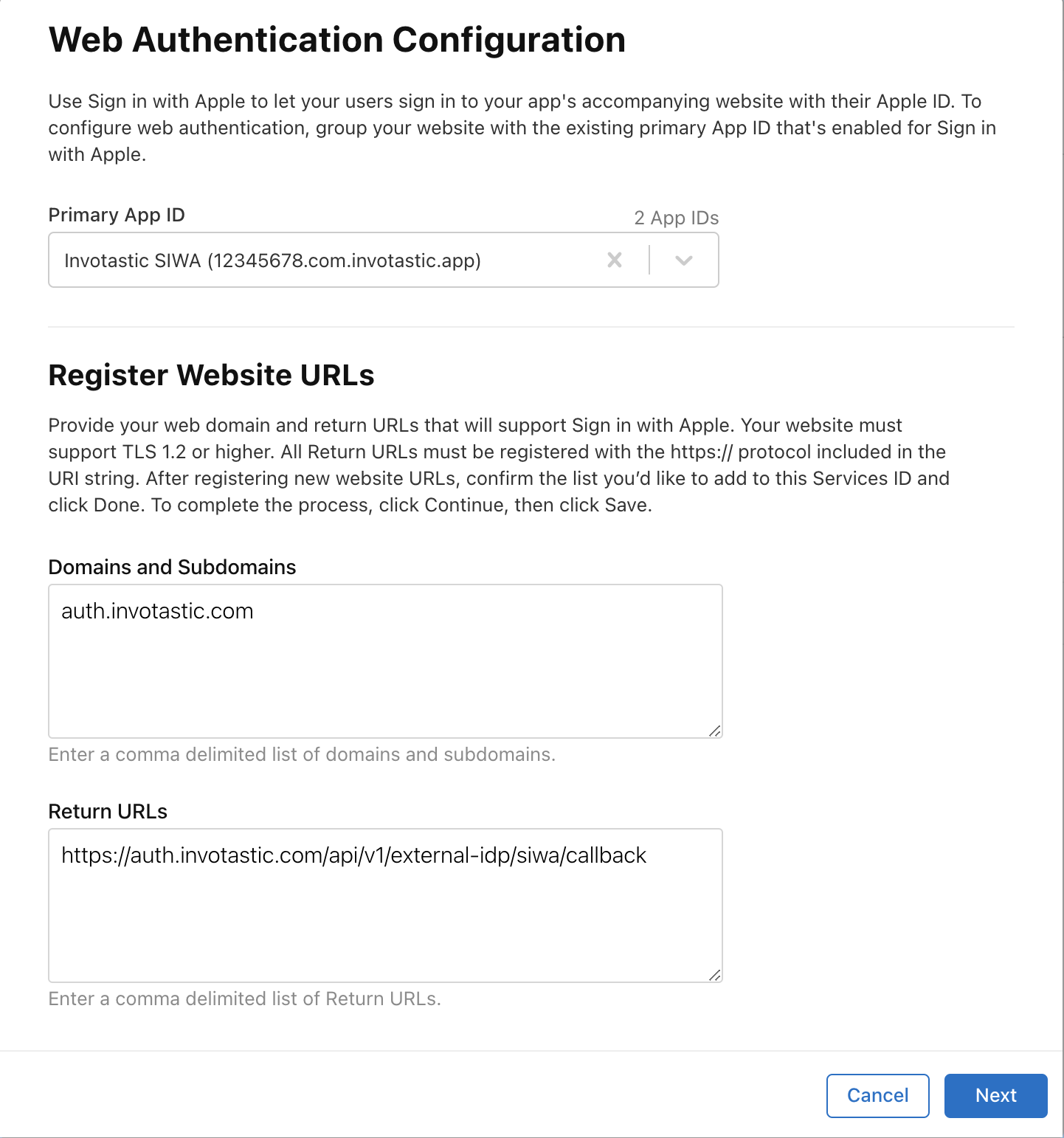 Web Authentication Configuration form in Apple Developer Console