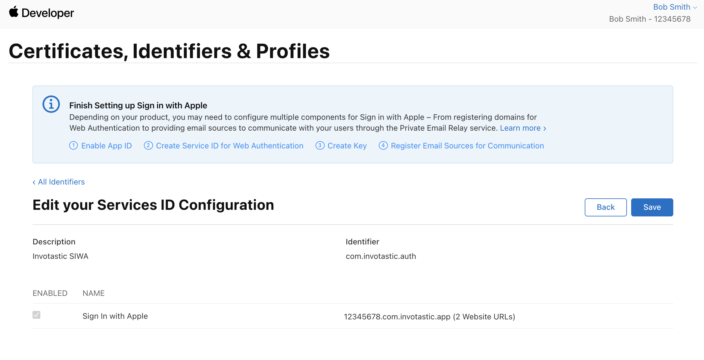 Save Web Authentication Configuration in Apple Developer Console