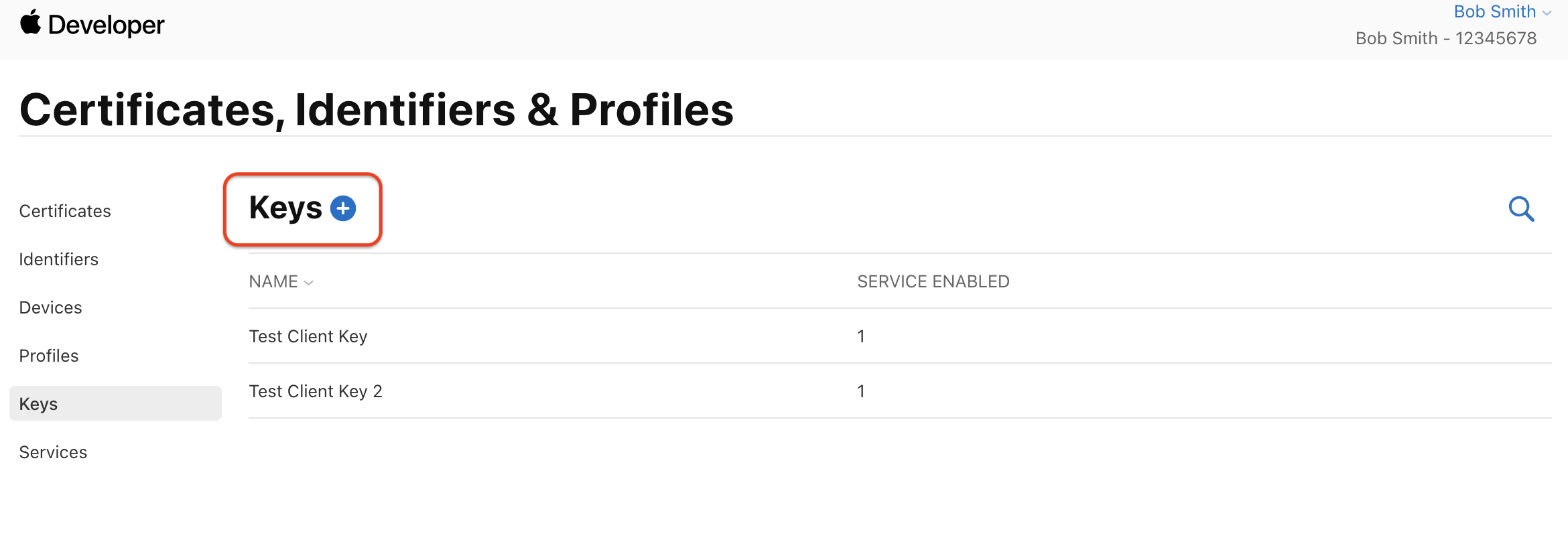 Add Key button in Apple Developer Console