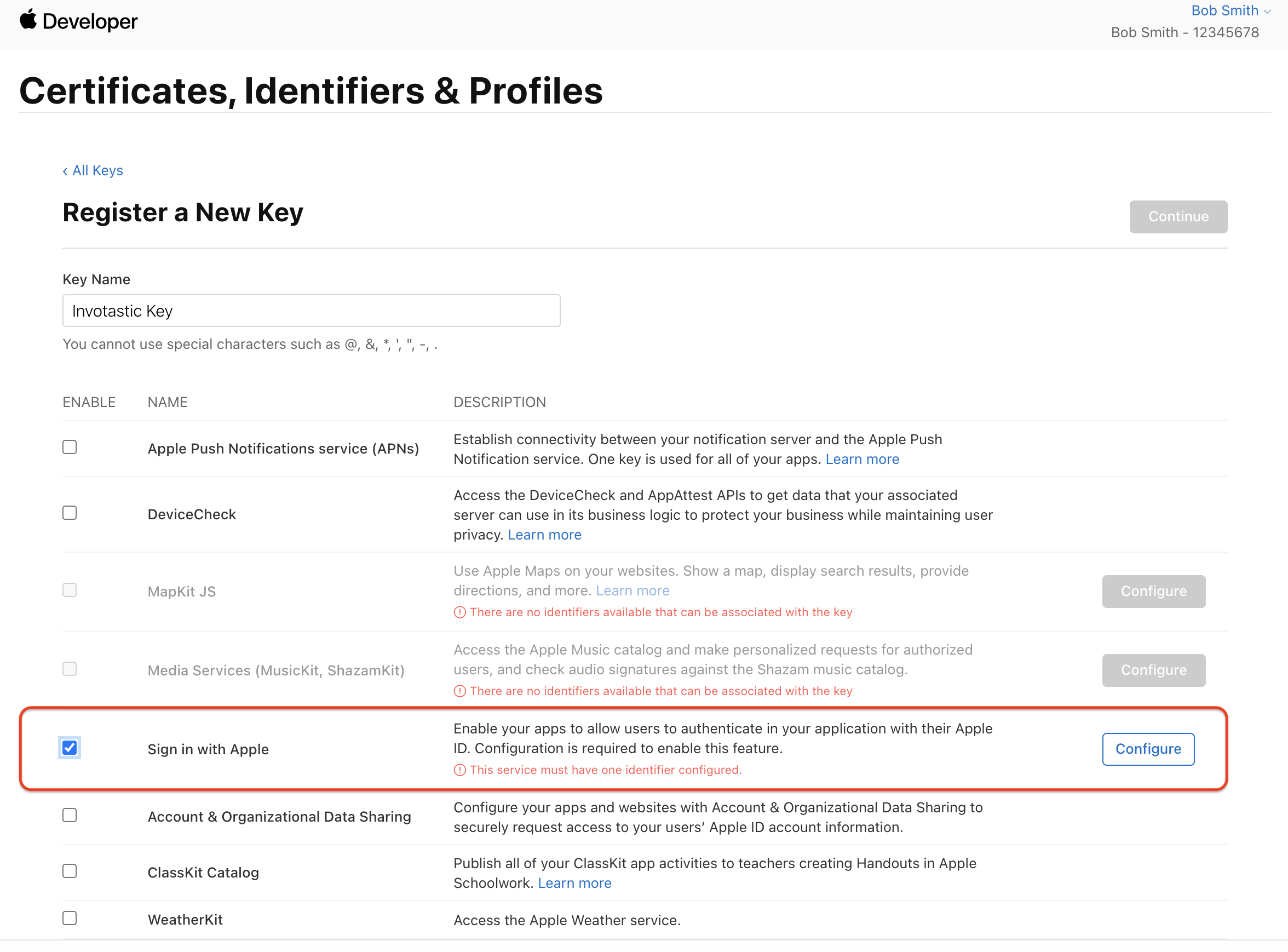 Sign In with Apple key configuration in Apple Developer Console