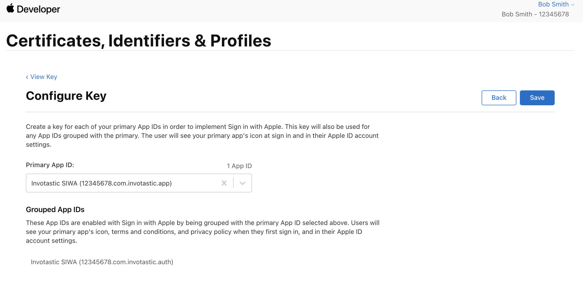 Primary App ID selection for Sign In with Apple key in Apple Developer Console