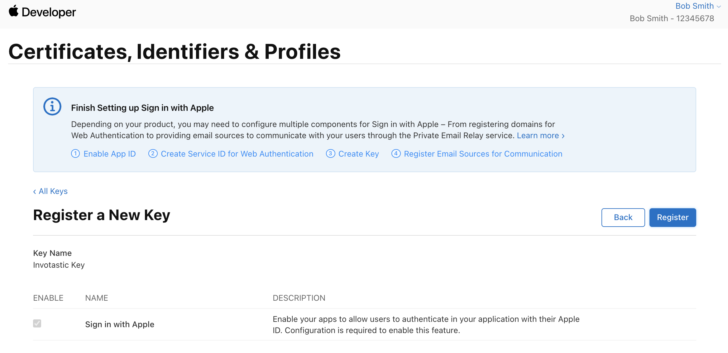 Register Sign In with Apple key in Apple Developer Console