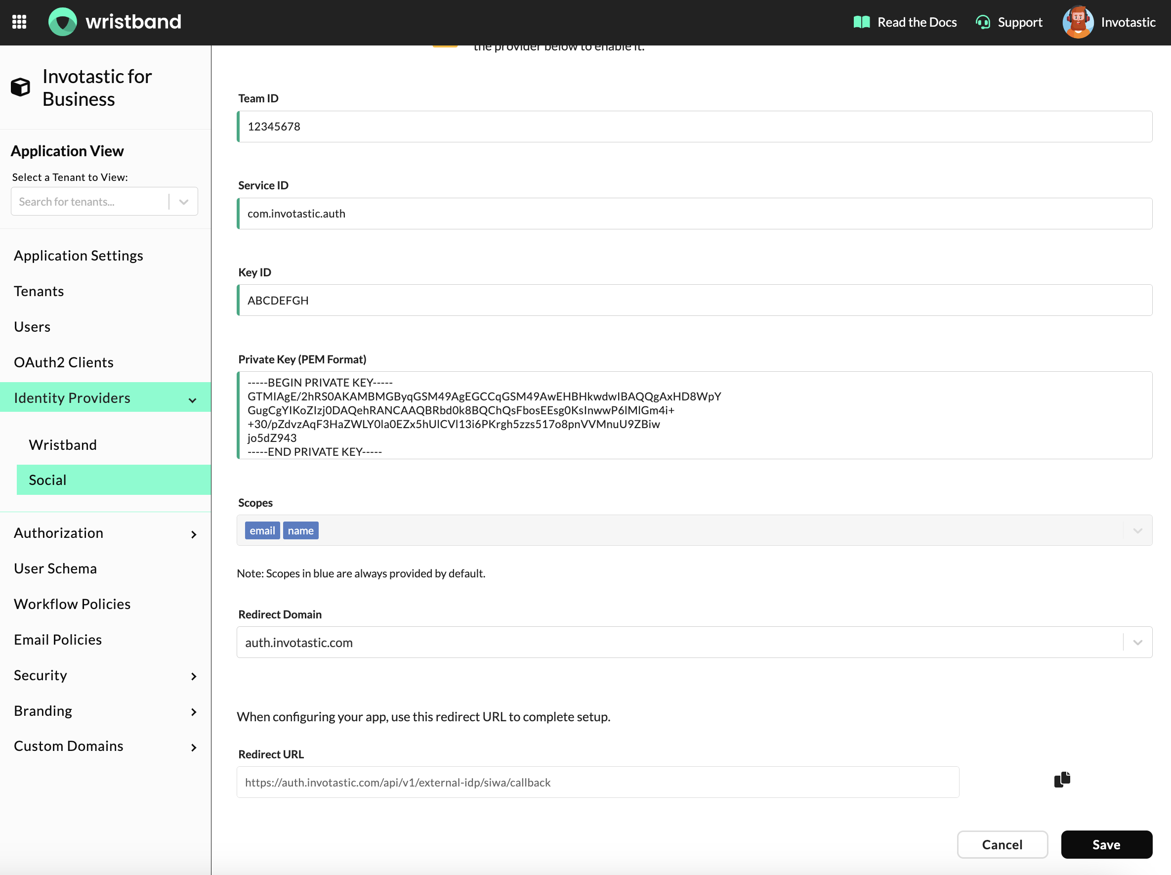 Apple IDP form in Wristband dashboard