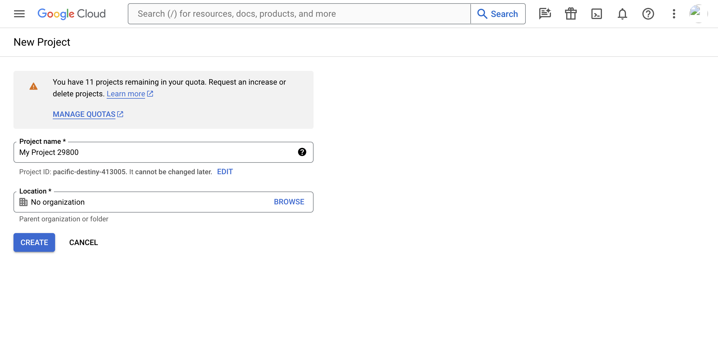 Create project form in Google Cloud Developer Console