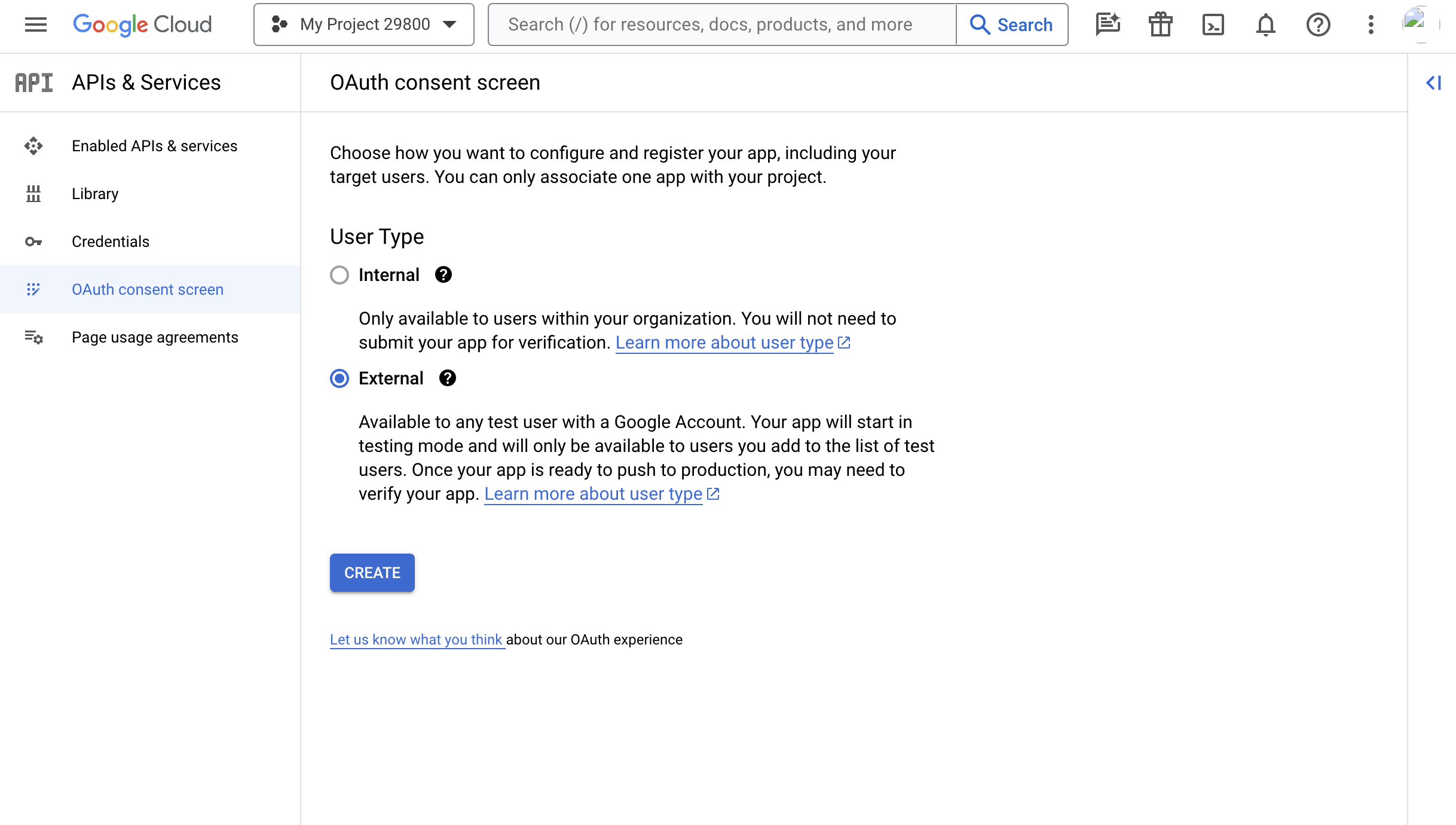 Start OAuth consent screen configuration in Google Cloud Developer Console