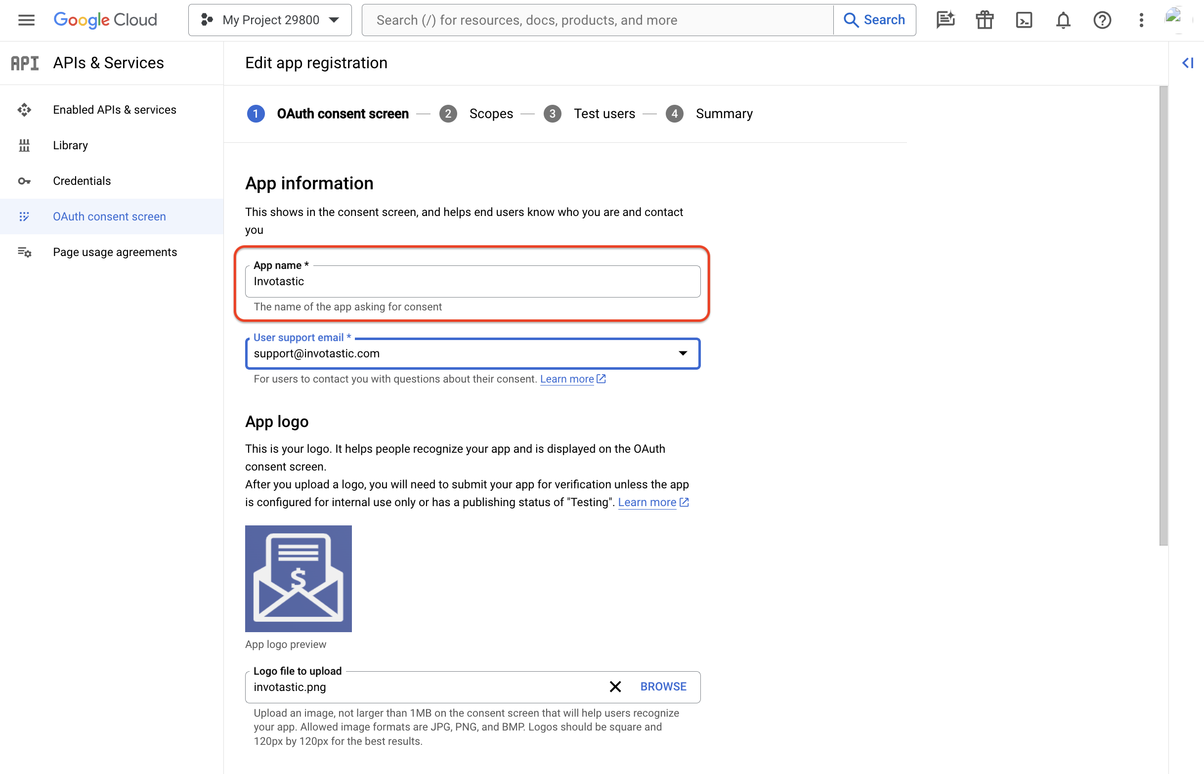 OAuth consent form in Google Cloud Developer Console