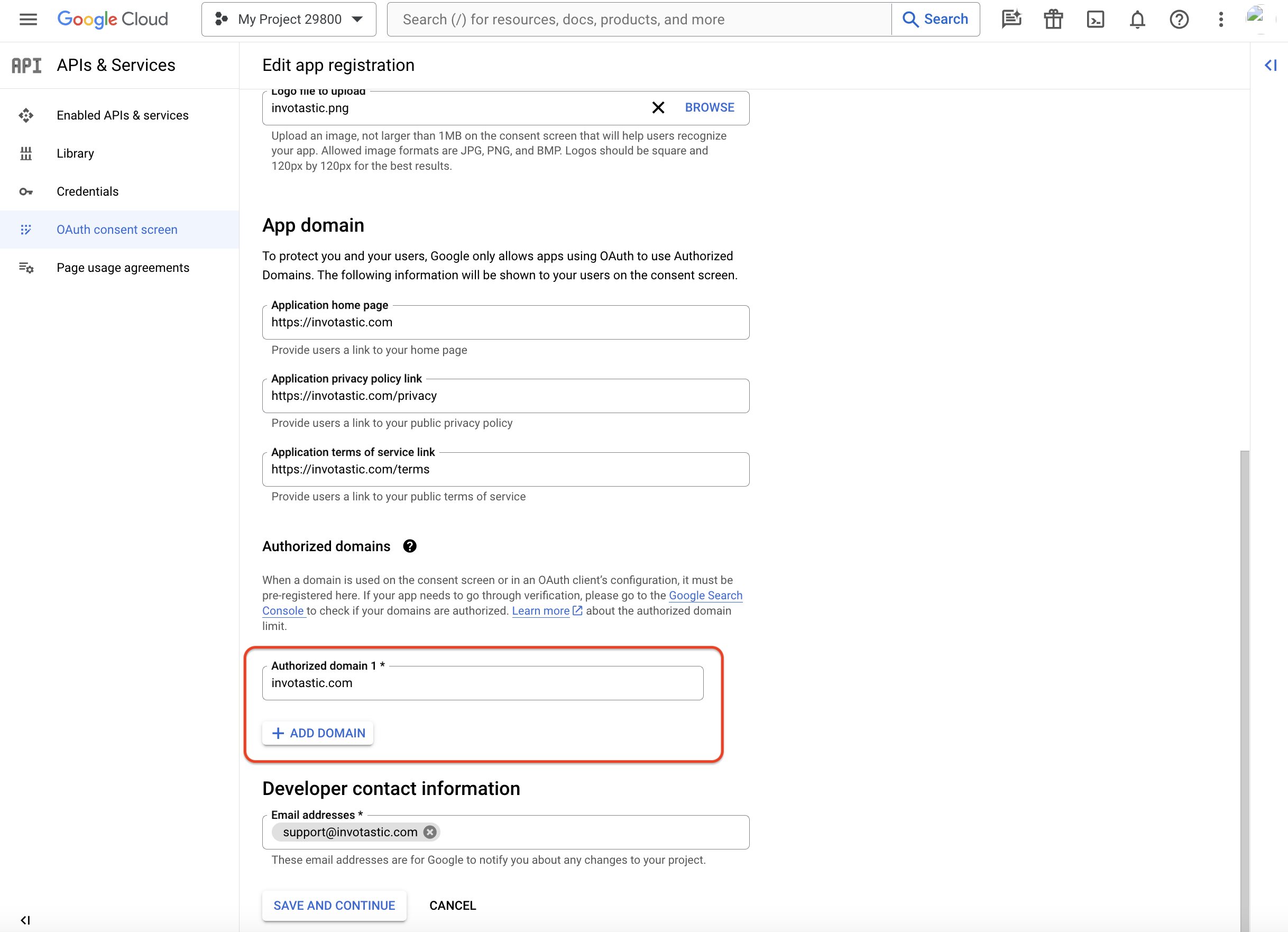 OAuth consent form continued in Google Cloud Developer Console