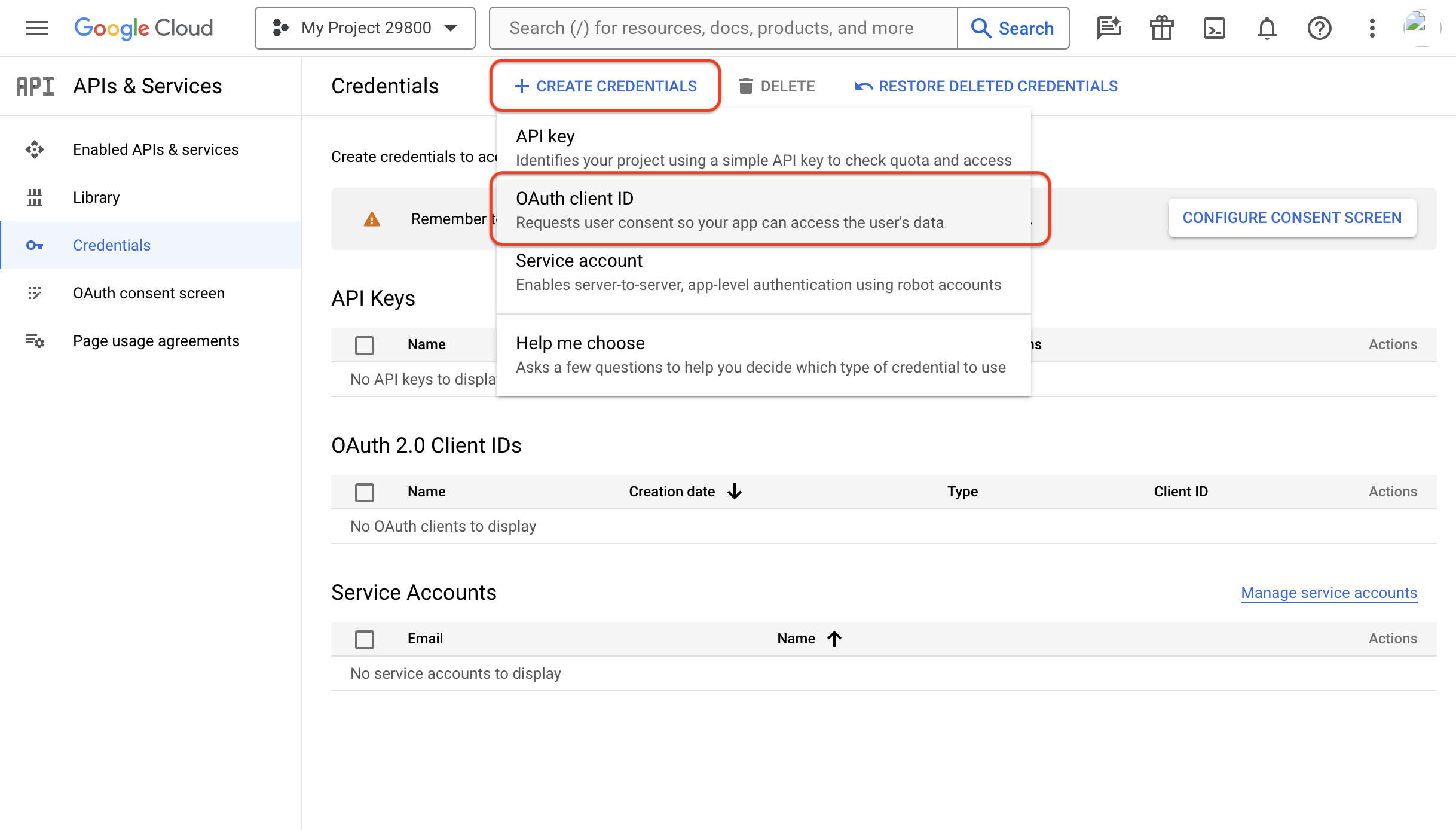 Create OAuth credentials in Google Cloud Developer Console