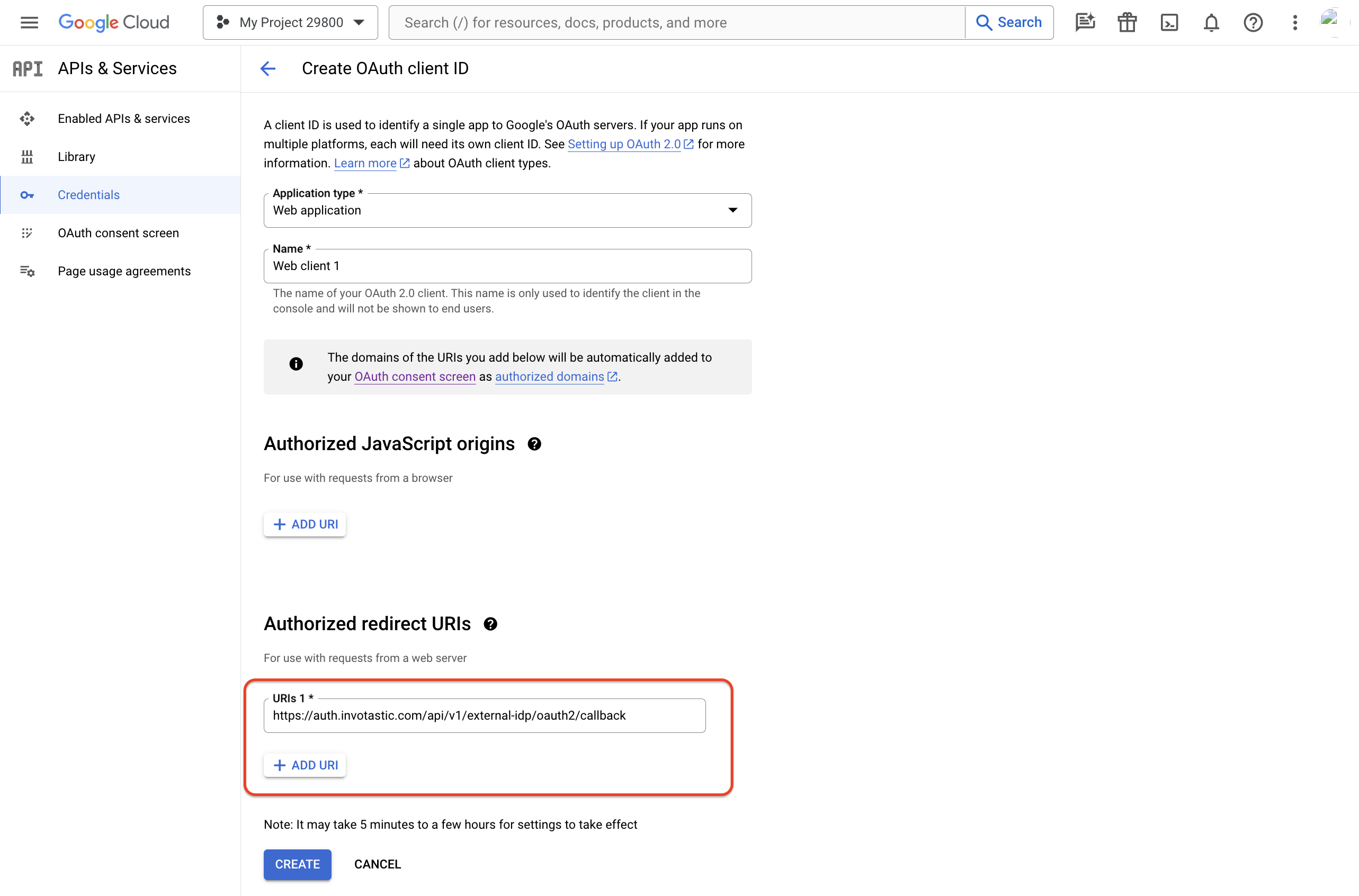 OAuth credentials form in Google Cloud Developer Console