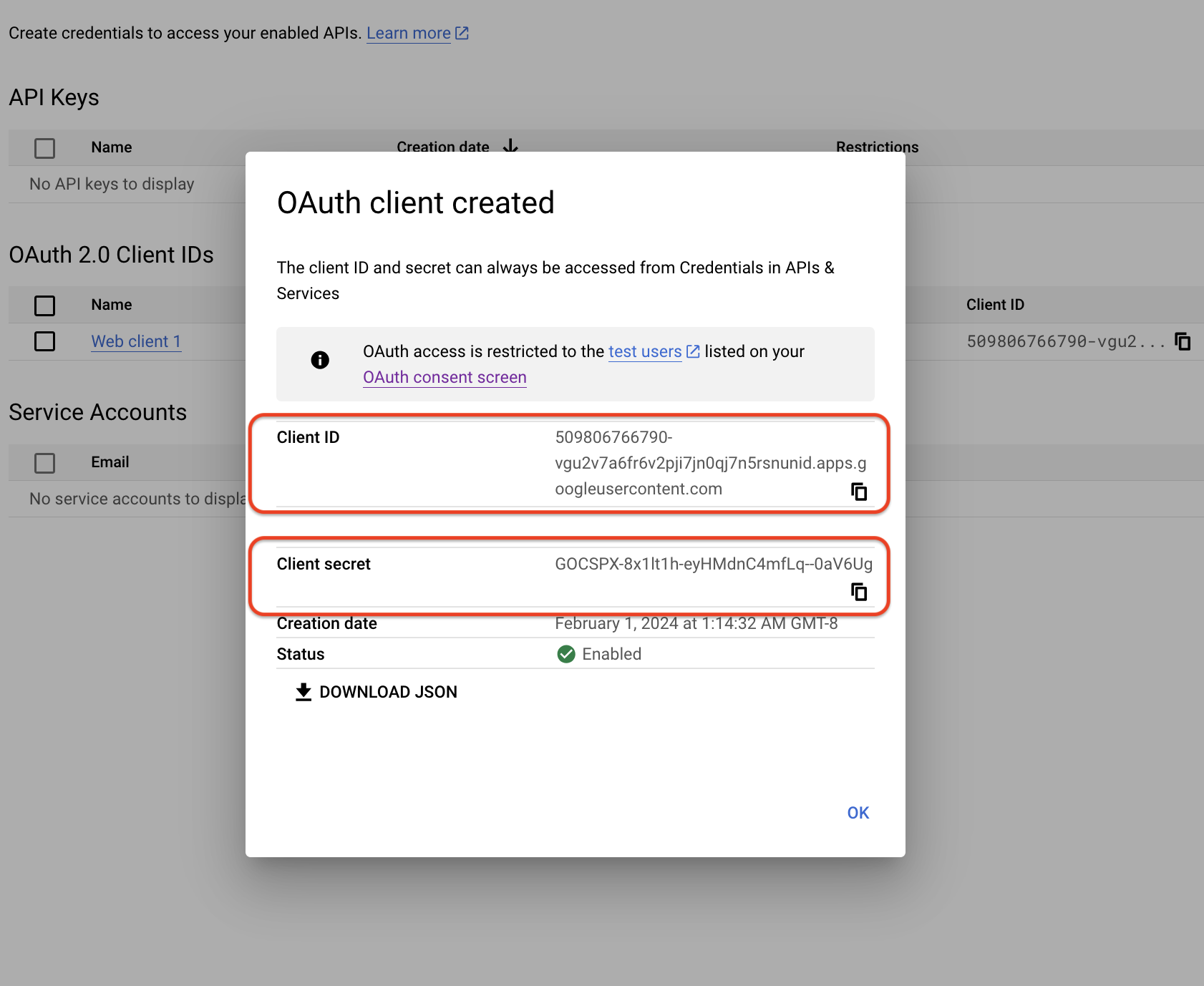 Copy OAuth credentials in Google Cloud Developer Console