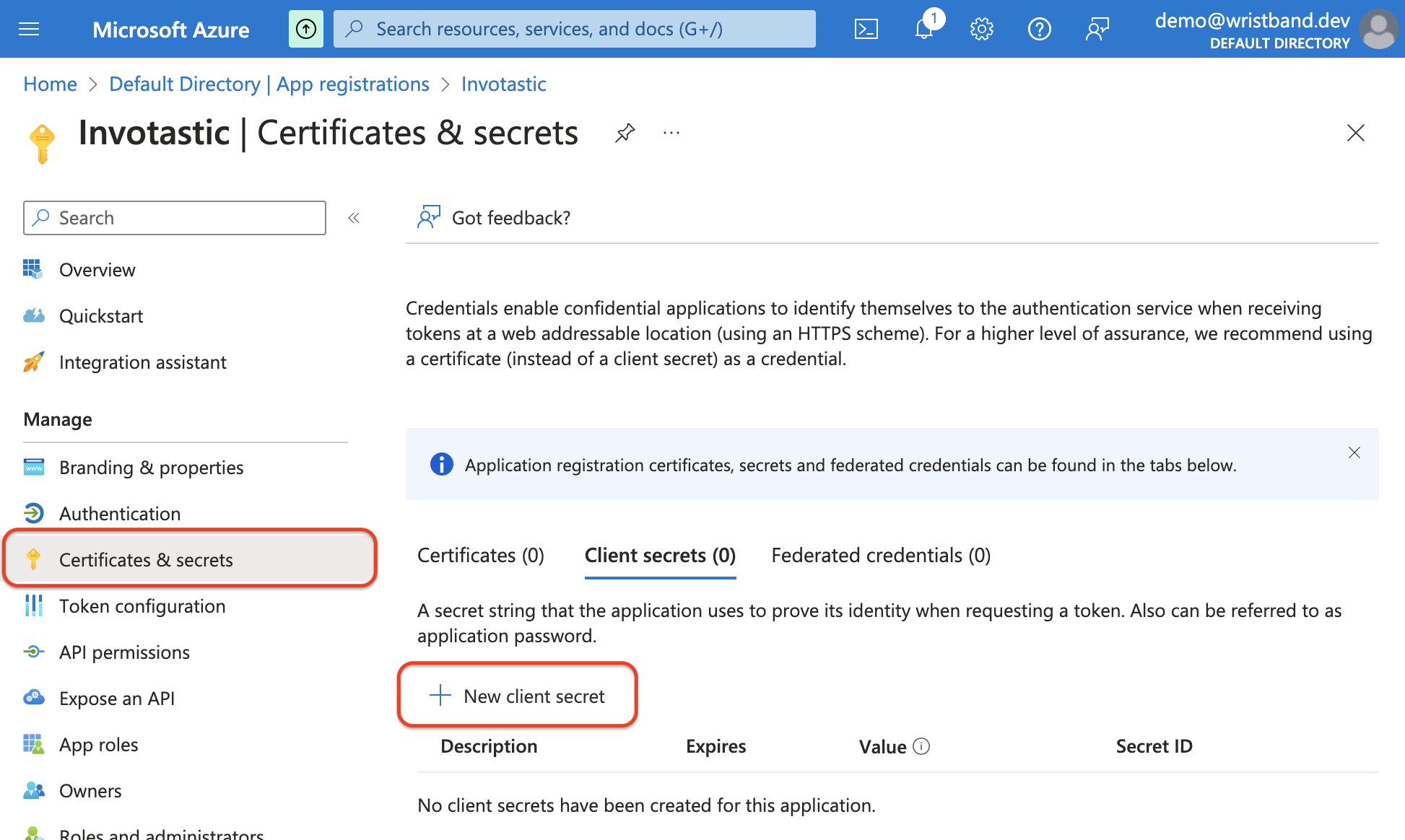 Certificates and Secrets Page